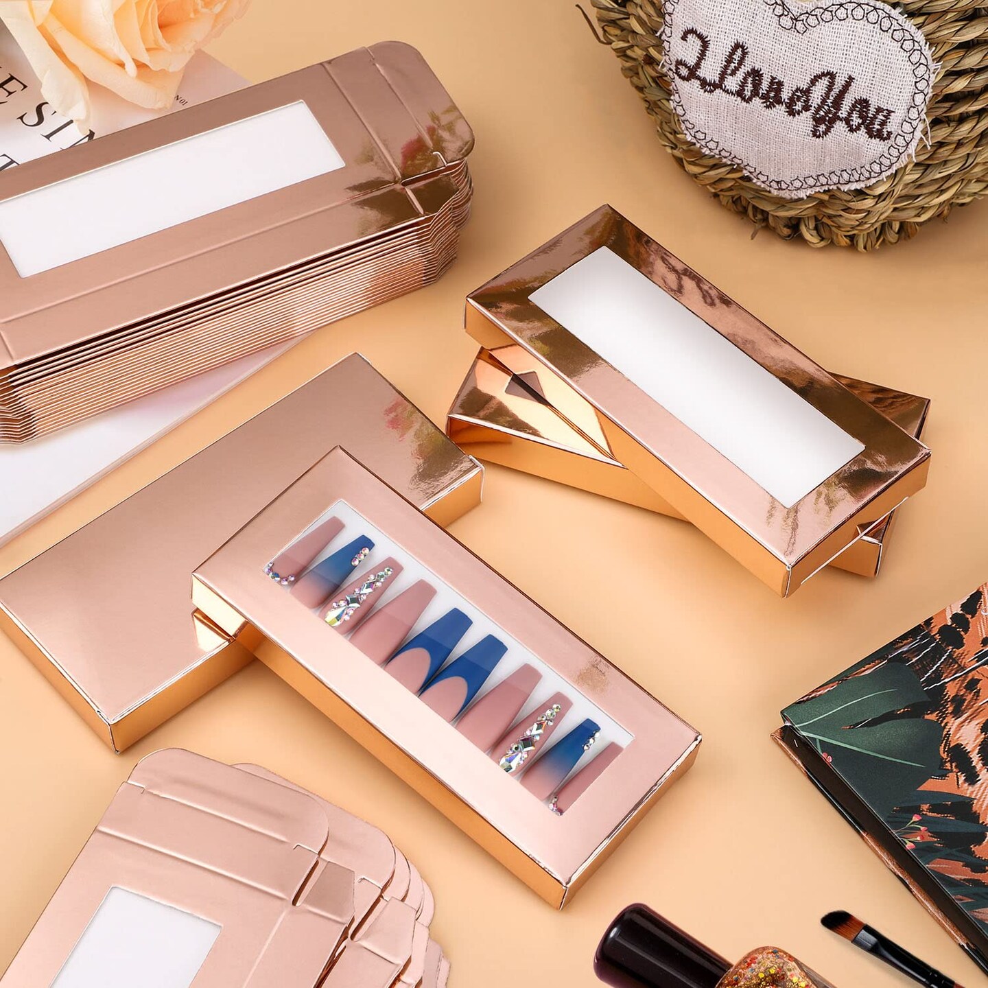 30 Pieces Empty Nail Package Box with 30 Pieces White Background Papers, Empty Pullable Display Packing Box, Press On Nails Packaging Box Set for Press on Nail Business, Empty Nail Tip Box Packaging - Rose Gold