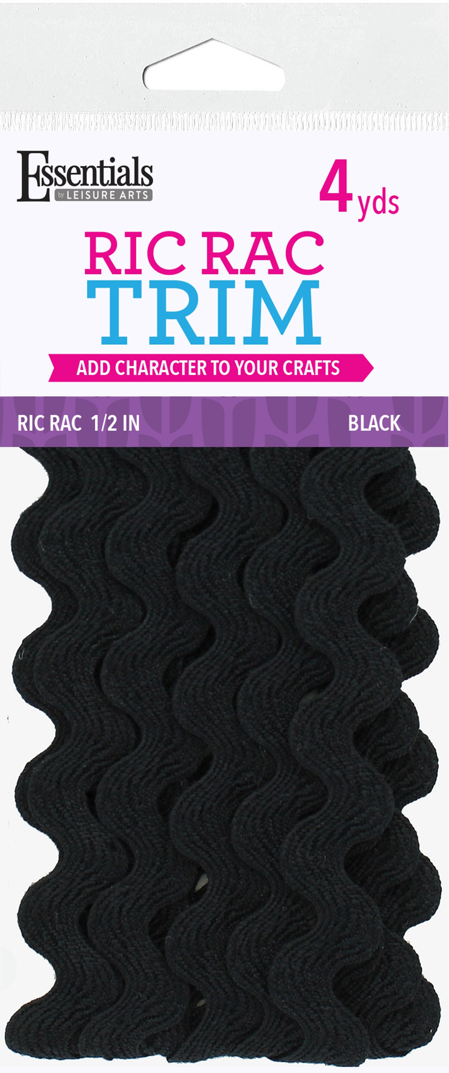 Essentials By Leisure Arts Ric Rac 1/2&#x22; 4 yards Black - rick rack trim for sewing - wavy ric rac trim for sewing and crafts - ric rac ribbon - rick rack trim black