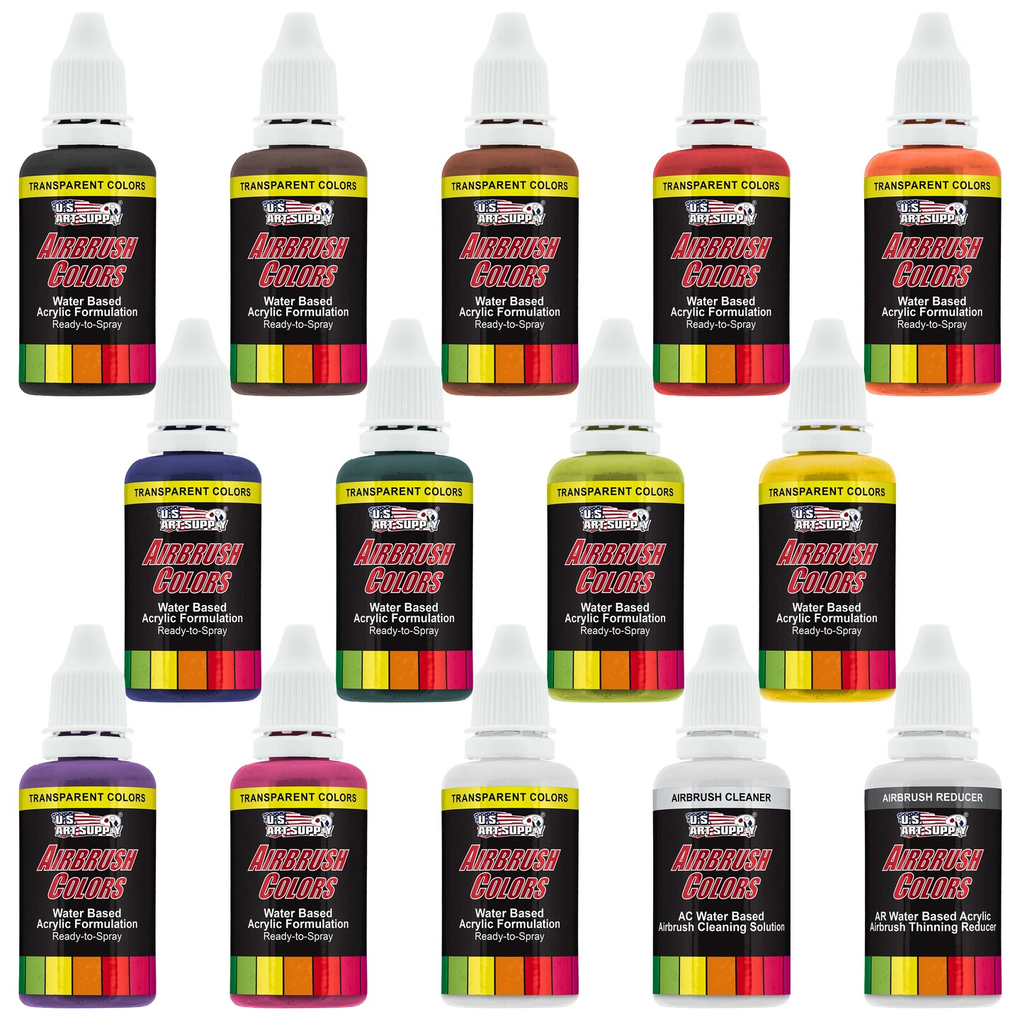 12 Color Acrylic Transparent Colors Airbrush Paint Set with Reducer &#x26; Cleaner, 1 oz. Bottles