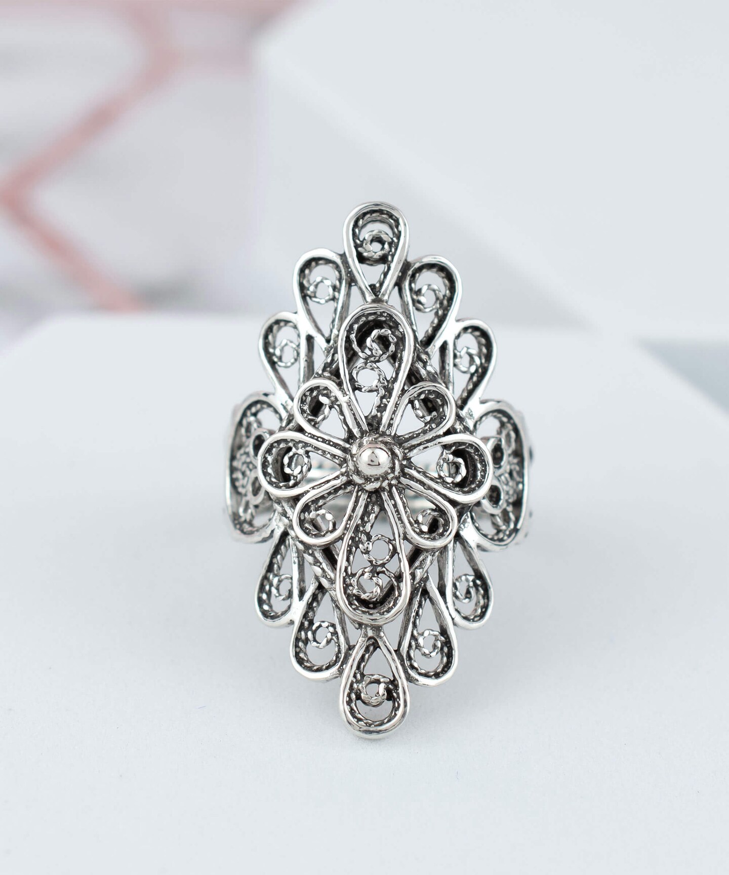 Sterling silver statement filigree ring, Silver holes tube ring, Unique designer ring outlets by PORANS