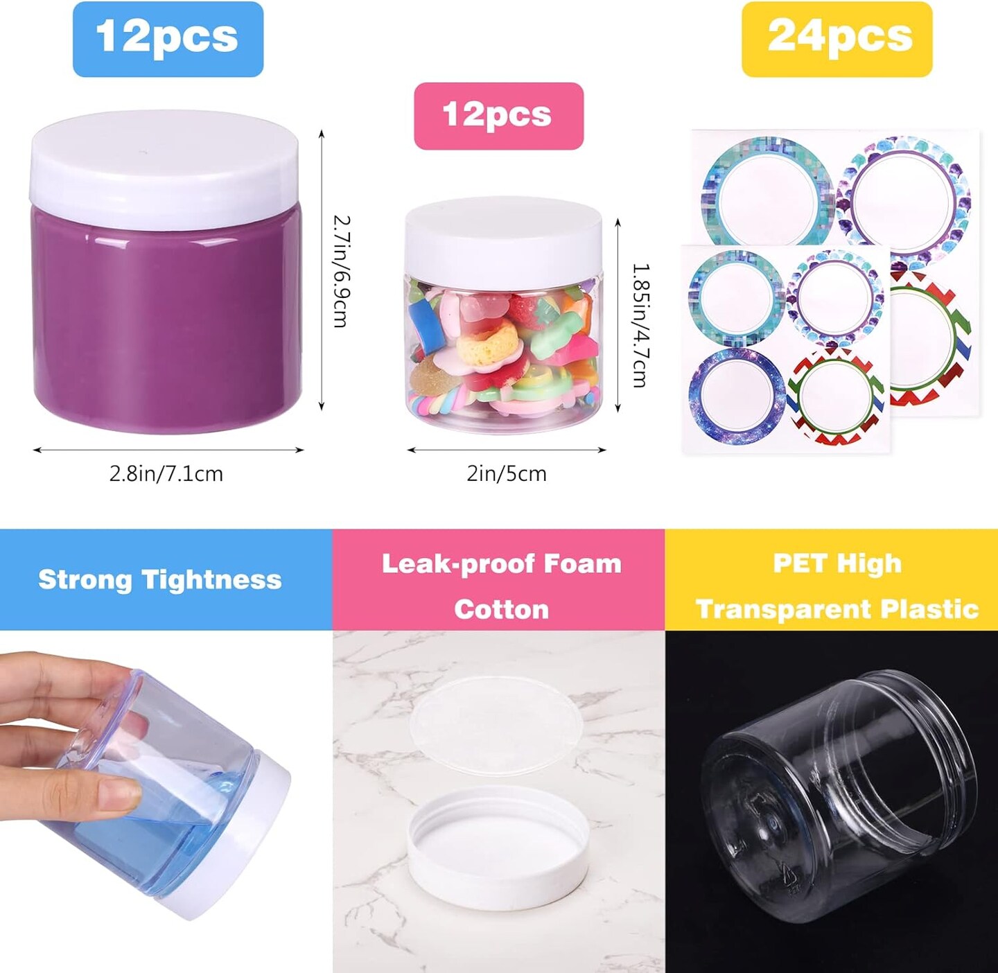 Empty 24 Pack Slime Containers, 12 6oz and 12 2oz Plastic Storage Jars with Lids and Labels for DIY Slime, Glitter, Jewelry Making Supplies, Foam Beads