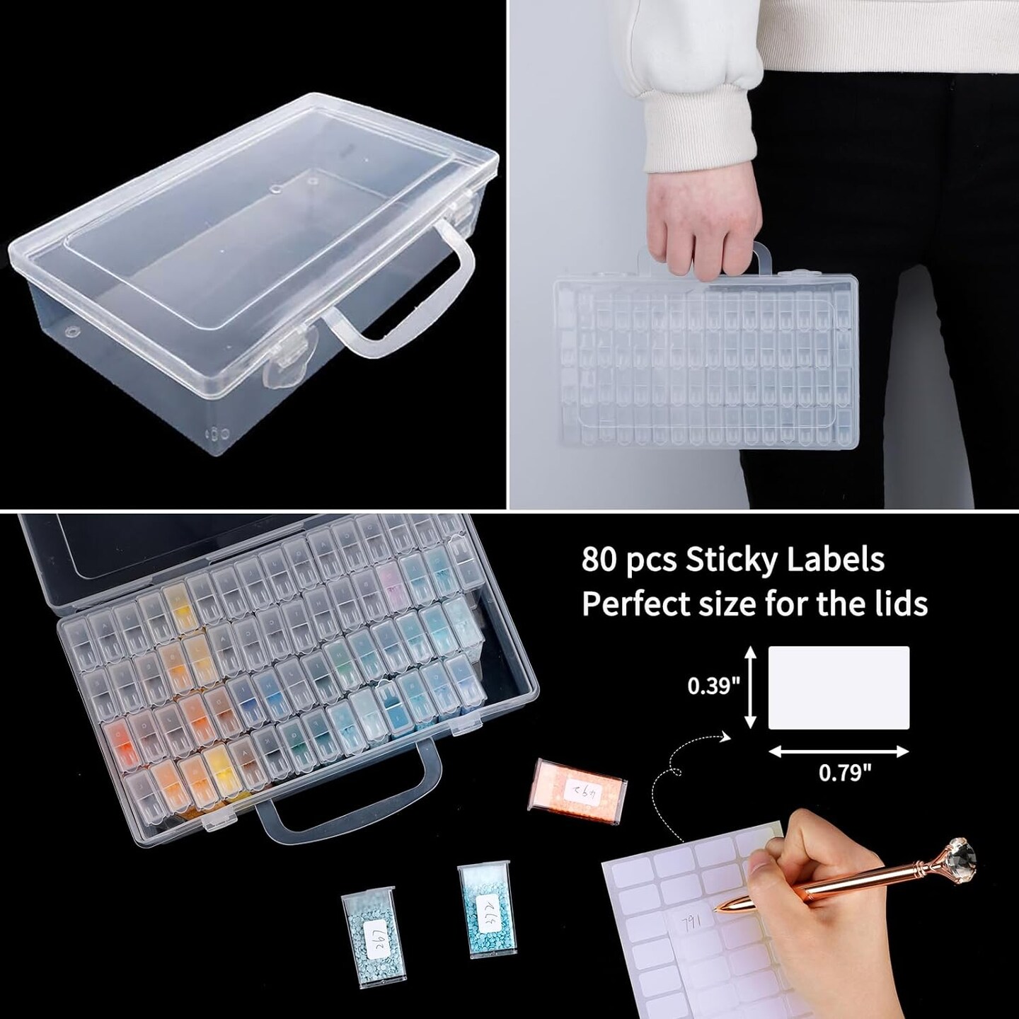 1 Pack 64 Grids Diamond Painting Tool Box Container Craft Storage with Adjustable Dividers for Beads, Art DIY, Crafts, Jewelry, Plastic Organizer with Label Stickers