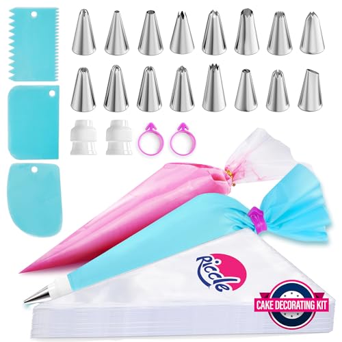 124 Pieces Piping Bags and Tips Set, 11.8 Inch 100 Anti Burst Piping Bags, 124 Pcs Cake Decorating Kit with 16 Piping Tips, 1 Reusable Pastry Bags, 3 Cake Scrapers, 2 Couplers, and 2 Icing Bags Ties