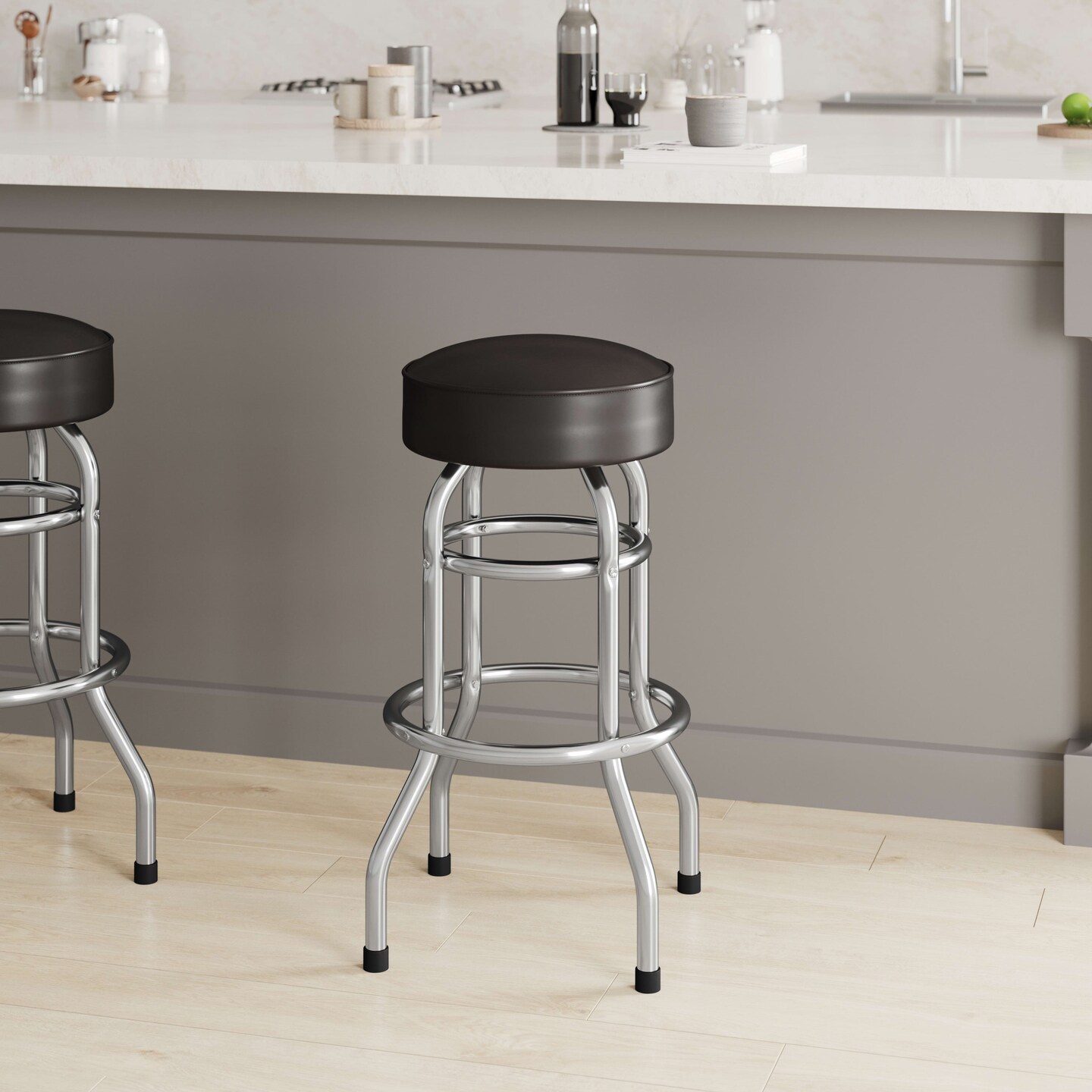 Emma and Oliver Retro Backless Double Ring Chrome Restaurant Dining Barstool
