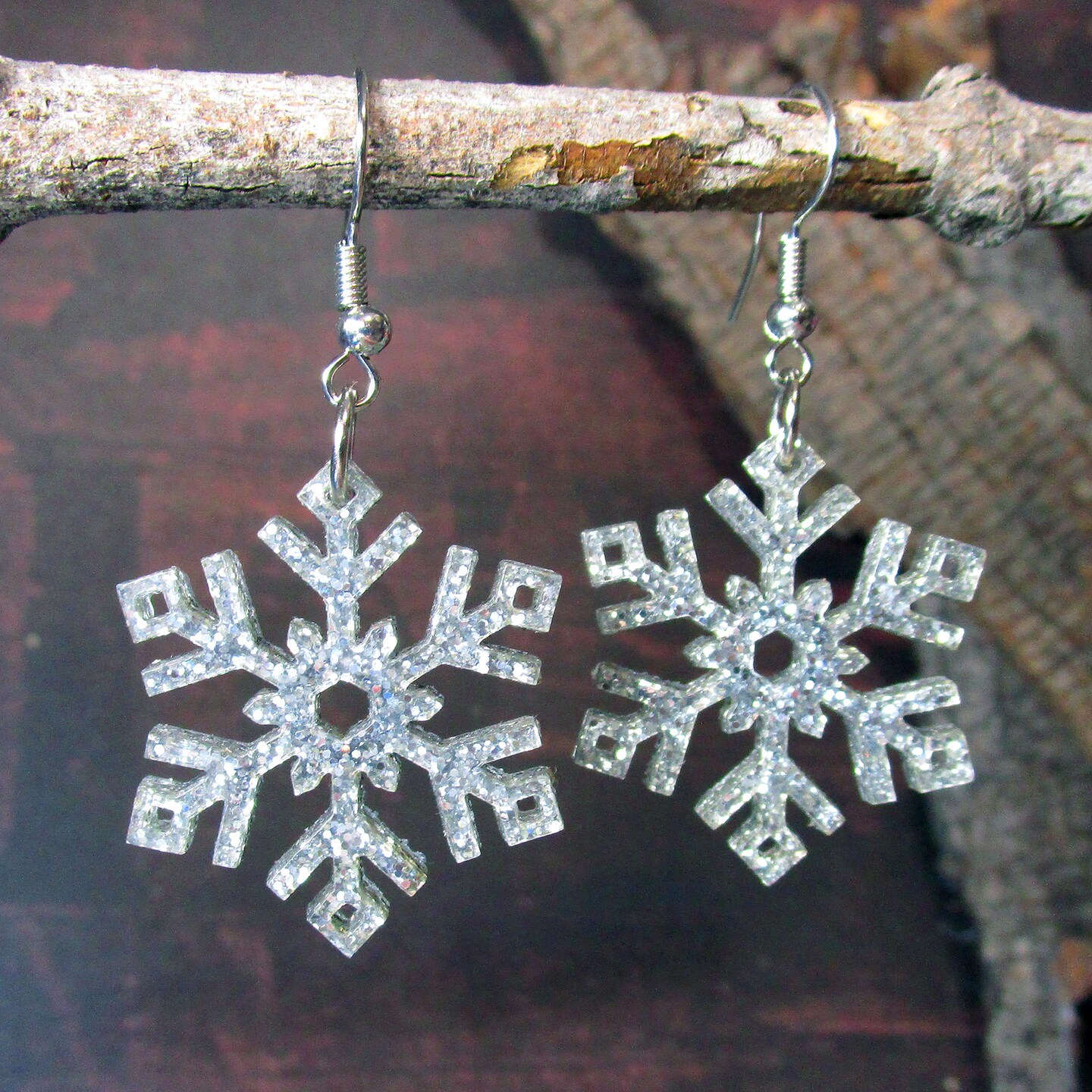 Silver Glitter Frozen Snowflake Dangle Earrings