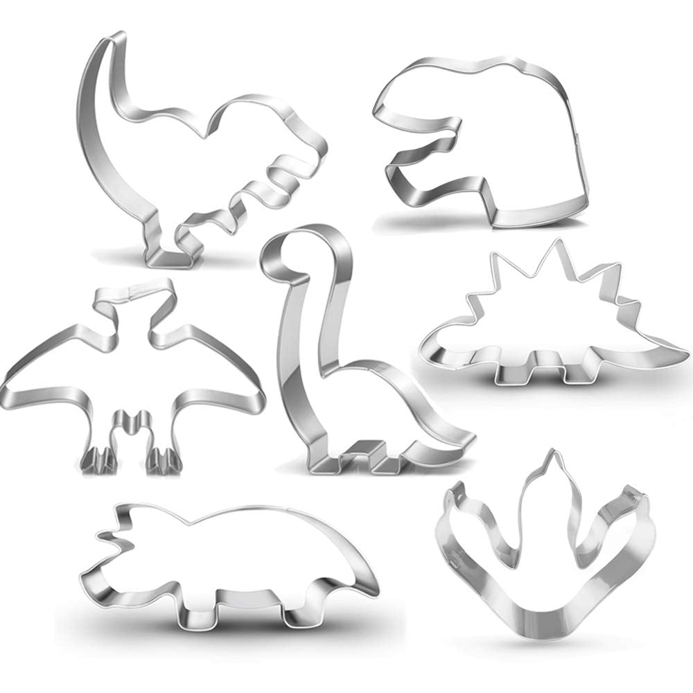 7 Pieces New Dinosaur Cookie Cutter Set -Dinosaur Footprint and Head, Tyrannosaurus(T-Rex), Brontosaurs, Spinosaurus, Triceratops, Pterodactyl, Baking Mold for Kids Dinosaur Birthday Party