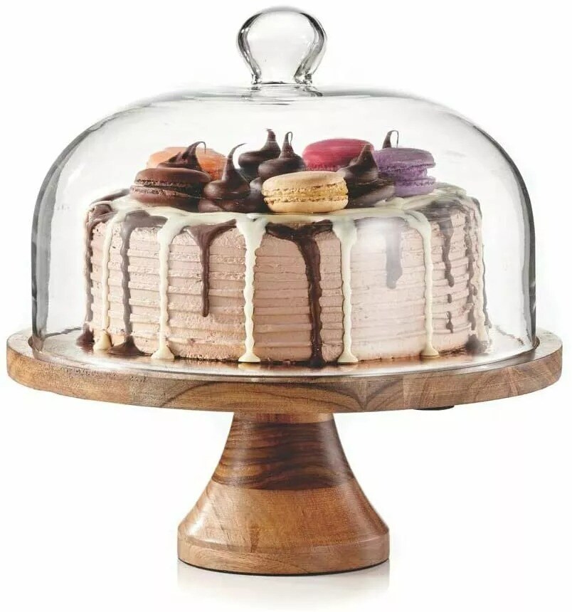 Wood Cake Stand with Glass Dome: Transformable to Cheese Board - Multi-function