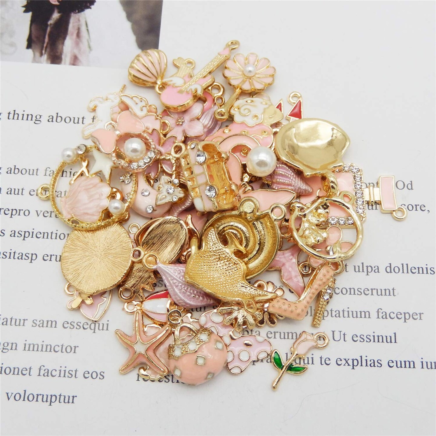 JJGQAZ 40pcs(20PAIRS) Assorted Gold Plated Enamel Animals Fruit Moon Star Dainty Dangle Flowers Pendants Charms for Jewelry Making Necklace Bracelet, Pink Theme