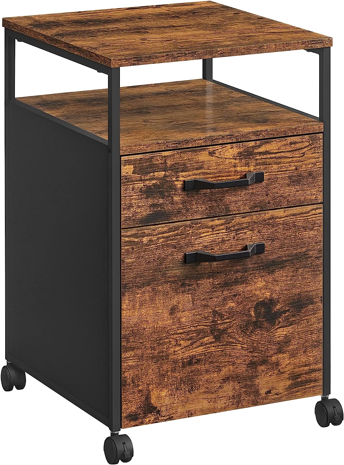 File Cabinet, Mobile Filing Cabinet with Wheels, 2 Drawers, Open Shelf, for A4, Letter Size, Hanging File Folders, Rustic Brown and Ink Black UOFC71X