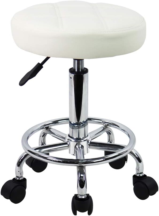 Round Rolling Stool Chair PU Leather Height Adjustable Swivel Drafting Work SPA Shop Salon Stools with Wheels Office Chair Small (White)