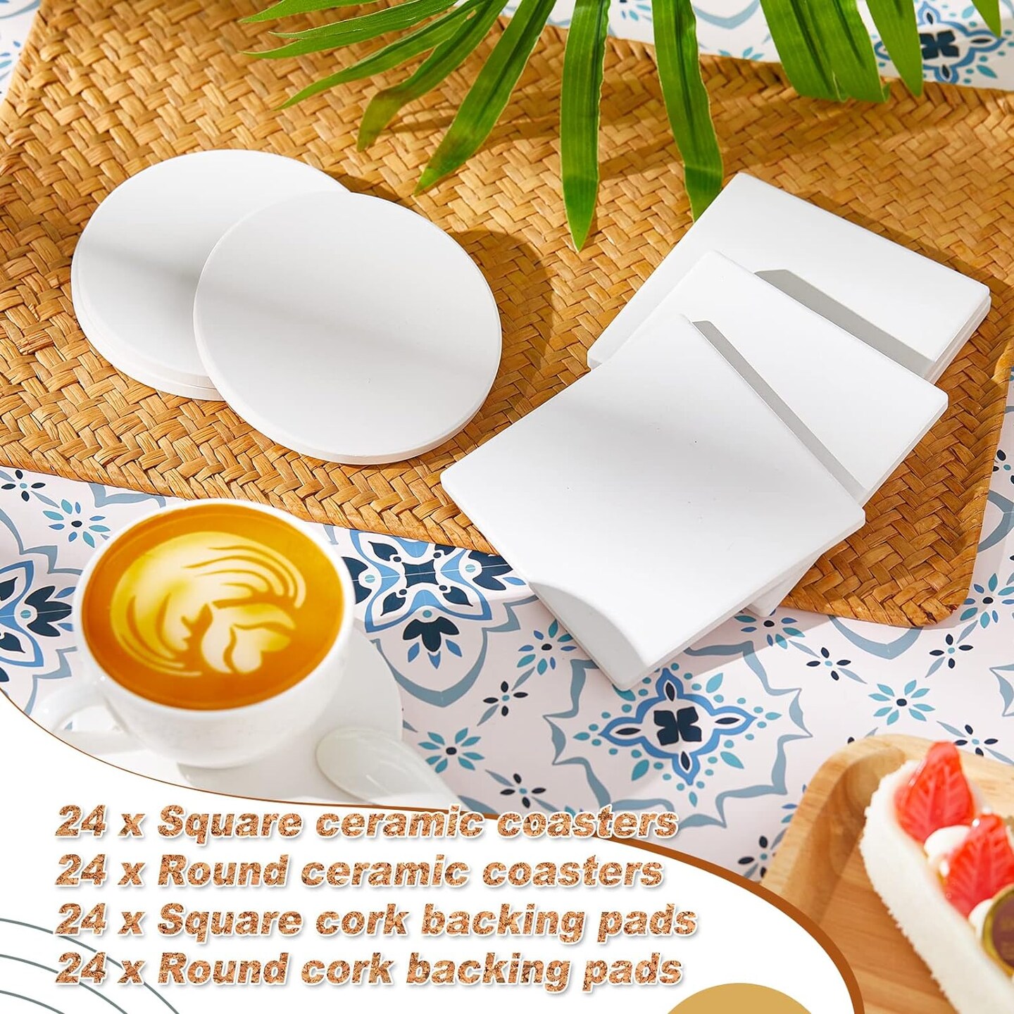 96 Pcs Ceramic Tiles for Crafts Coasters, Ceramic Tiles, Include 48 Unglazed White Tiles with 48 Cork Backing Pads Use with Alcohol Ink Acrylic Pouring for DIY Project Gift (Square, Round)