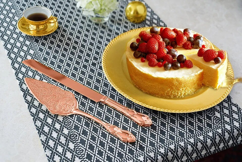 Strova Rose Gold Wedding Cake Knife and Server Set | Vintage Bride Utensils