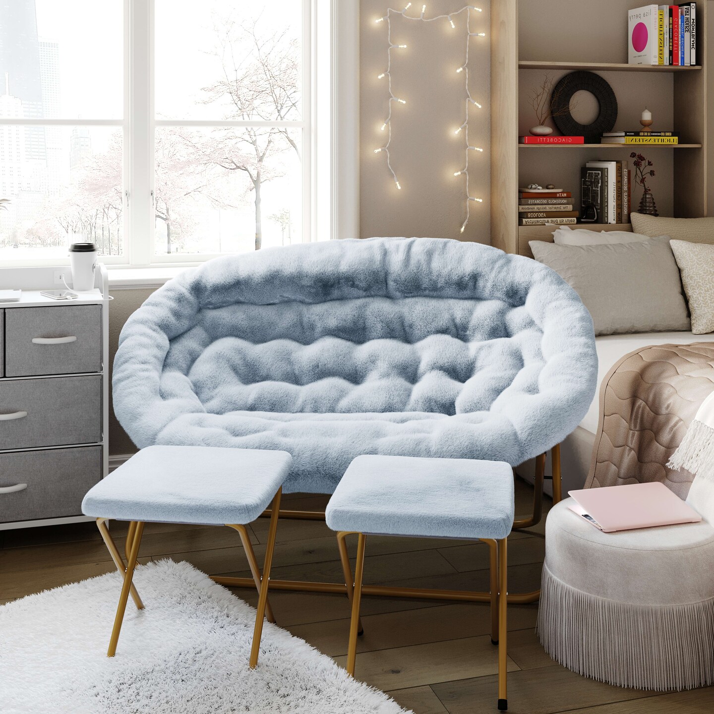Emma and Oliver Janey Folding Double Saucer Chair with 2 Ottomans and Steel Frame for Dorm or Bedroom