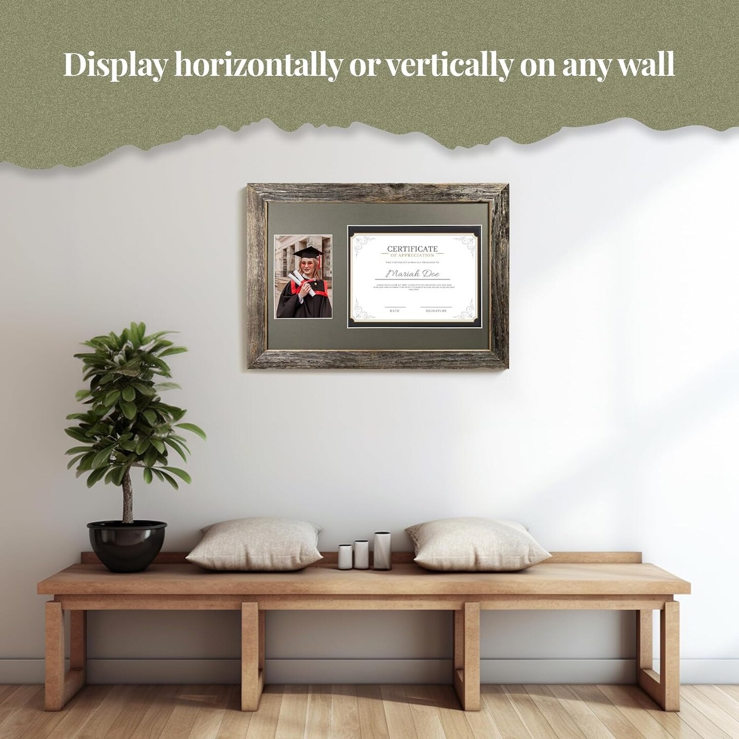 Rustic Farmhouse 12 x 18 Graduation Diploma Frame with Mat, fitted for 5 x 7 Cap &#x26; Grown Photo and 8.5 x 11 Diploma Certificate Display