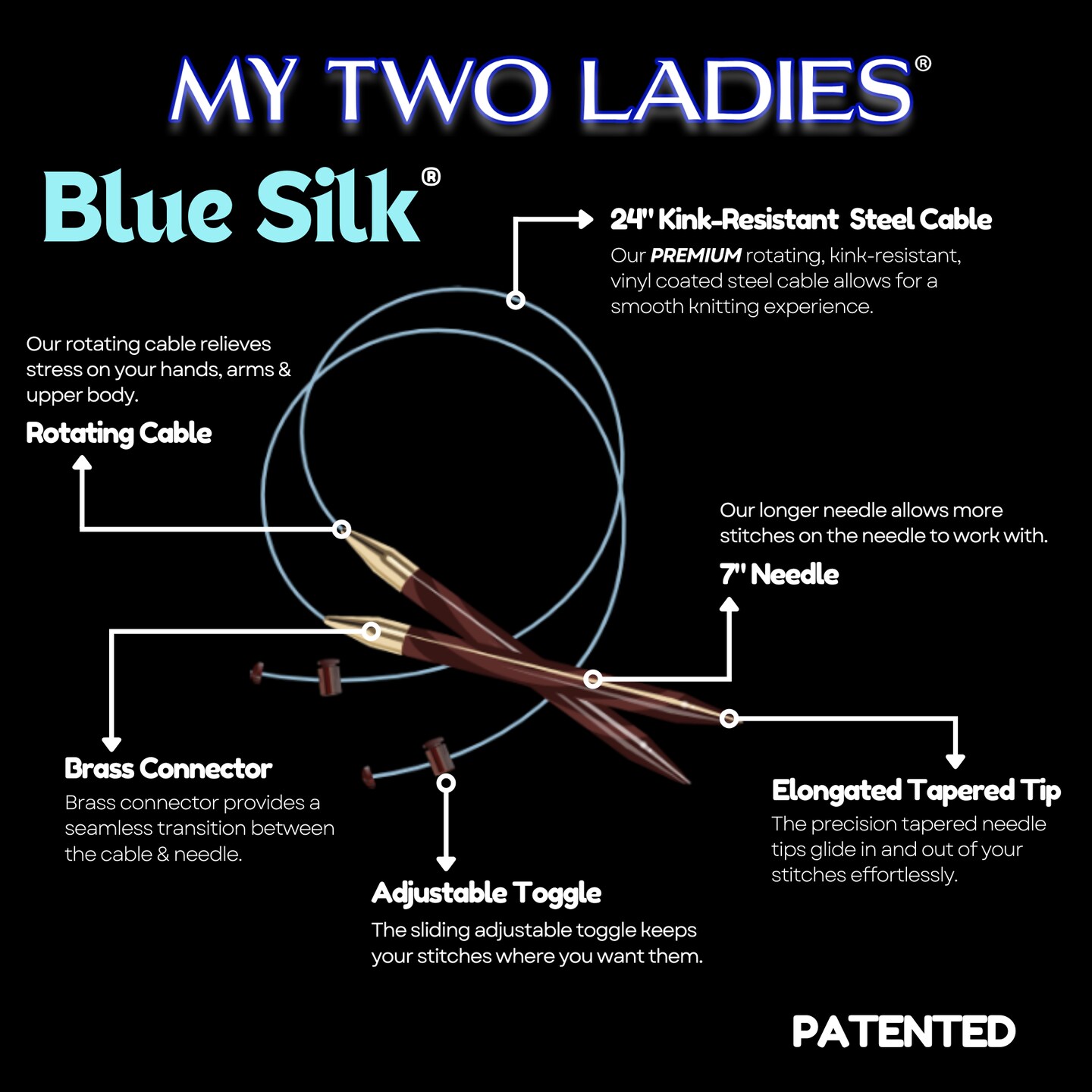 My Two Ladies | Blue Silk | Ultimate Adjustable Knitting Needle Set | 14 Sizes | w/custom case