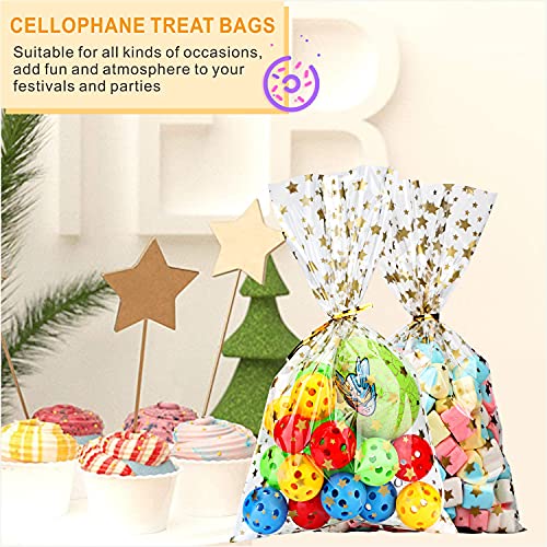 100 Pieces Clear 5&#x22;X 11&#x22; Flat Gift Wrap Cellophane Bags Cello Bags Cookie Bags Treat Bags with Twist Ties Poly Bag 1.3 mil for Bakery, Cookie, Candies Gold Star Printed