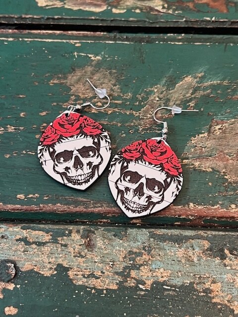 Skull and Roses Dangle Earrings