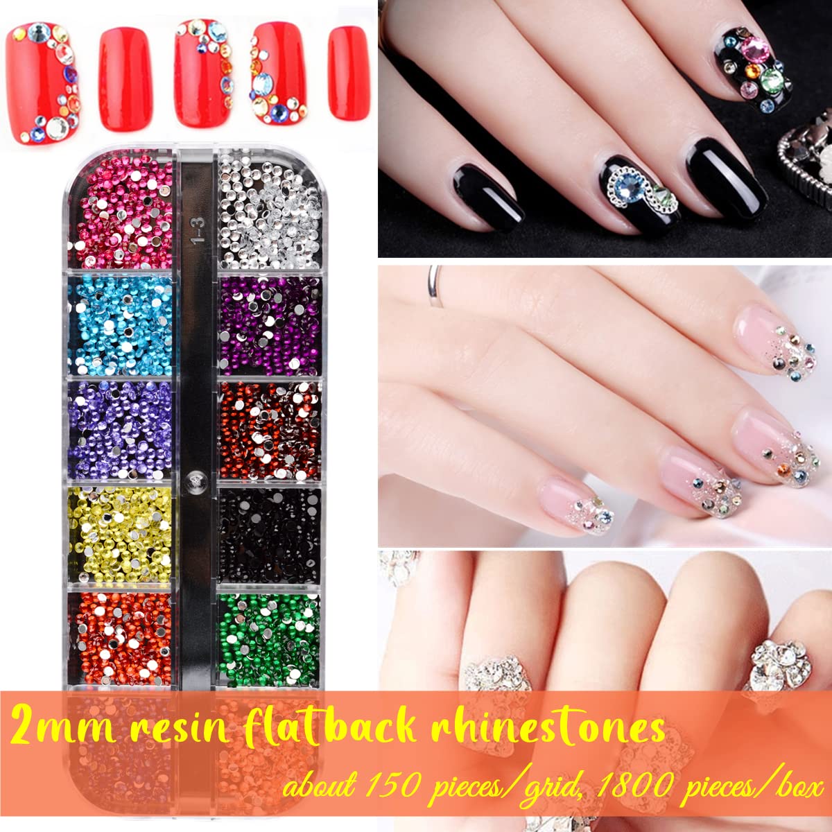 5000 Pieces (5 Boxes) Shiny Colorful Nail Art Rhinestones Nail Stone Gems Design Kit and 4 sheets flower nail art stickers with a Curved Tweezers and a Nail Brush (multicolor)