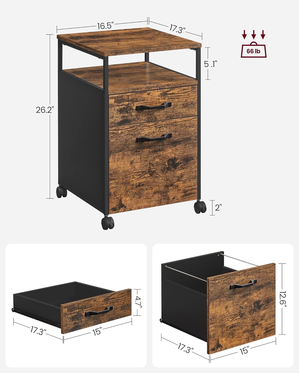 File Cabinet, Mobile Filing Cabinet with Wheels, 2 Drawers, Open Shelf, for A4, Letter Size, Hanging File Folders, Rustic Brown and Ink Black UOFC71X