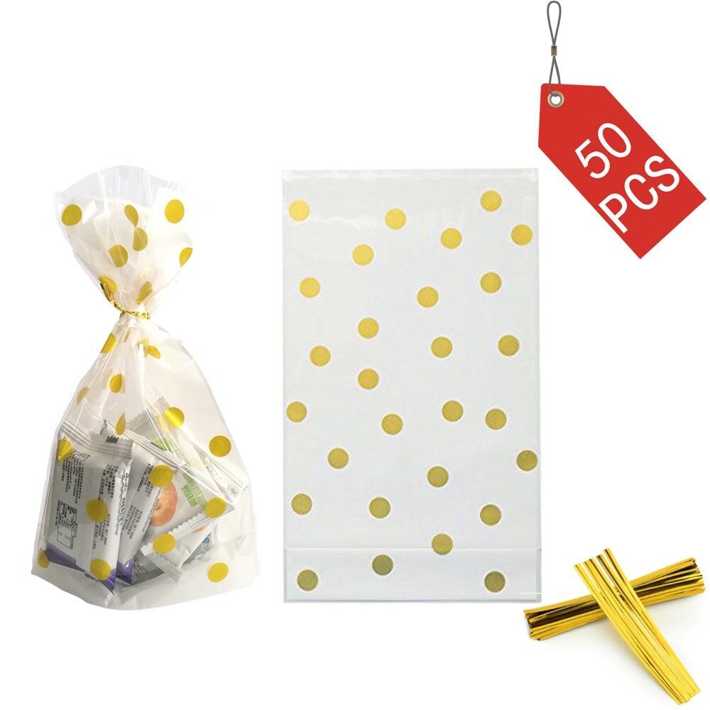 50 Pieces Clear Cello Bags for Treat Candy Cookie Party Favor Bags, Plastic Bags for Bakery, Cookies, Candies Chocolate,Snack Wrapping,for Wedding Shower Kid&#x2019;s Birthday Party,Gold Dot,50pcs