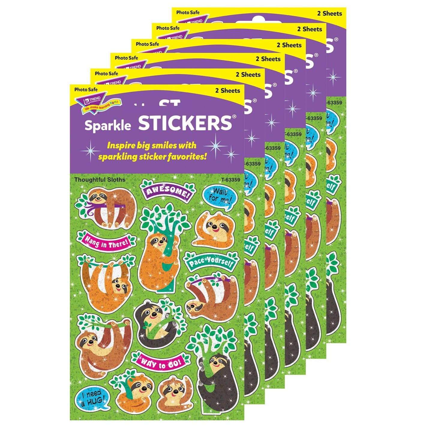 Thoughtful Sloths Sparkle Stickers&#xAE;, 32 Per Pack, 6 Packs
