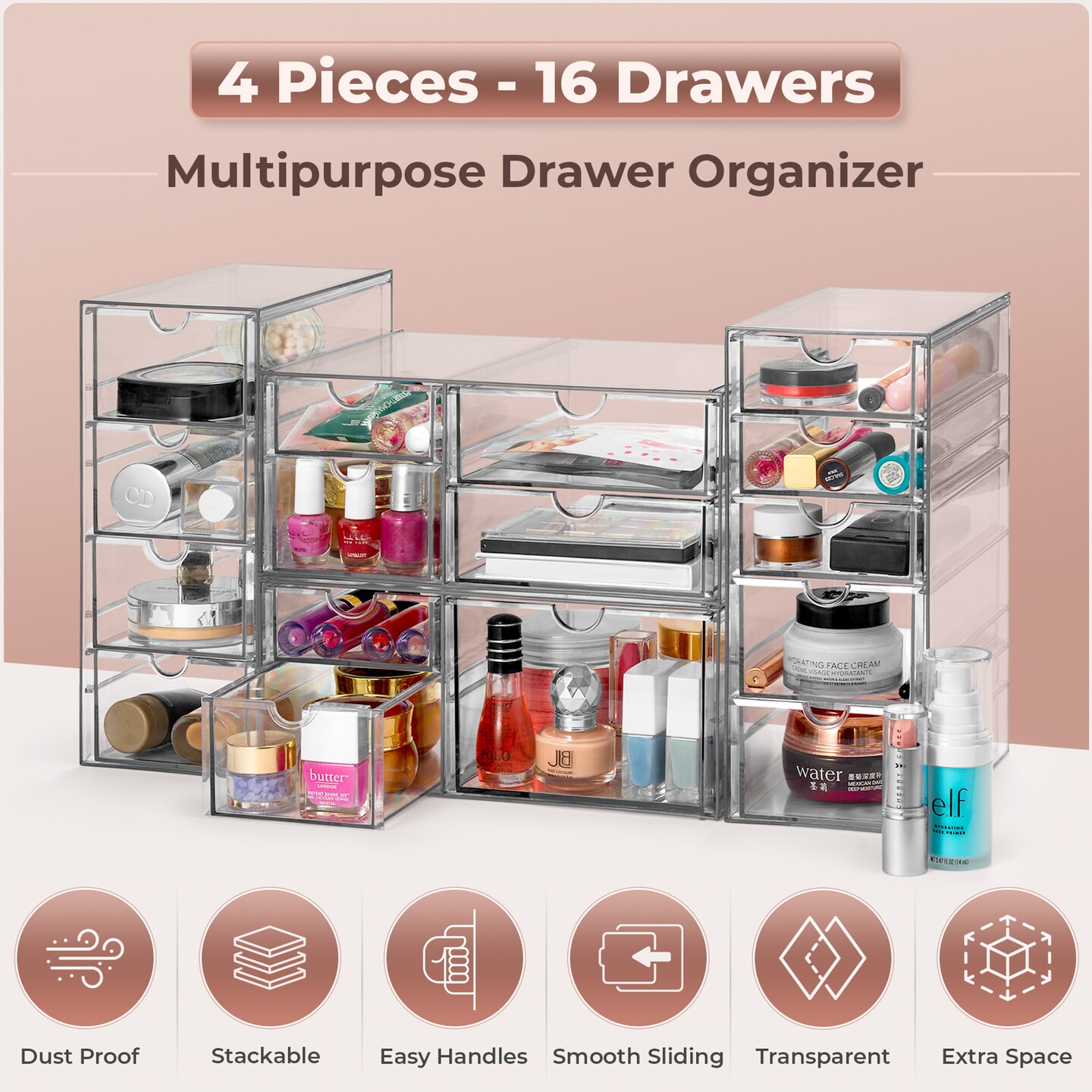 Sorbus 16 Drawers Acrylic Organizer for Makeup, Organization and Storage, Art Supplies, Jewelry, Stationary - 4 Pcs Clear Stackable Storage Drawers