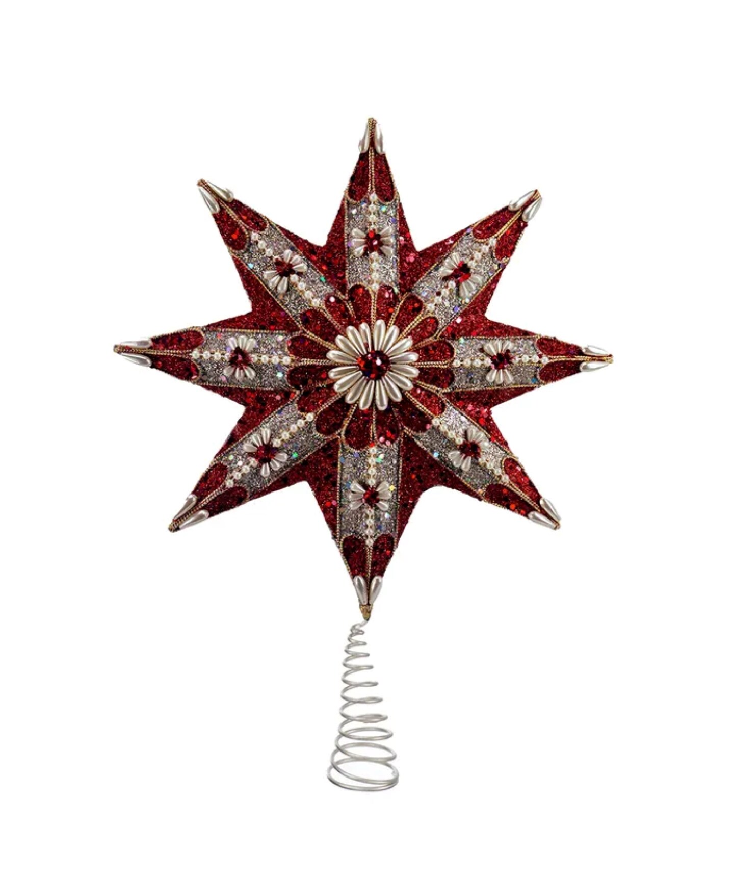 Kurt Adler Glittered and Pearls Star Christmas Tree Topper - 16.5" - Red - Unlit