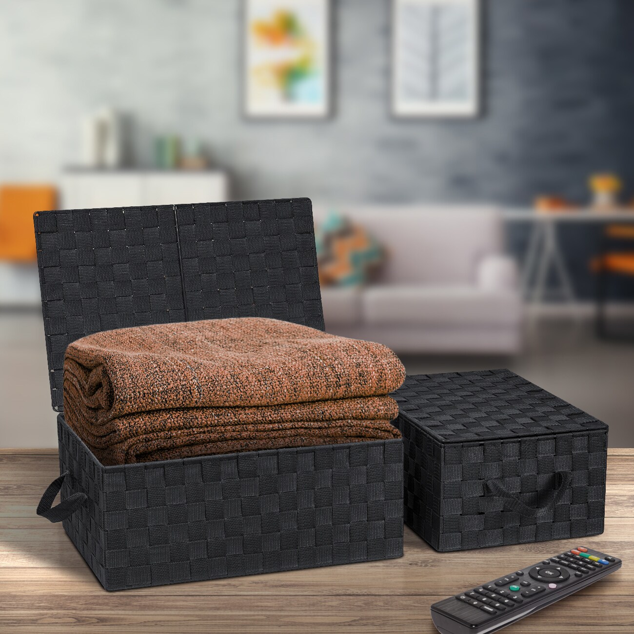Sorbus 3 Pack Decorative Stackable Woven Basket with Lid and Built-in Rope Carry Handles - Great for Storage and Organization (Black)