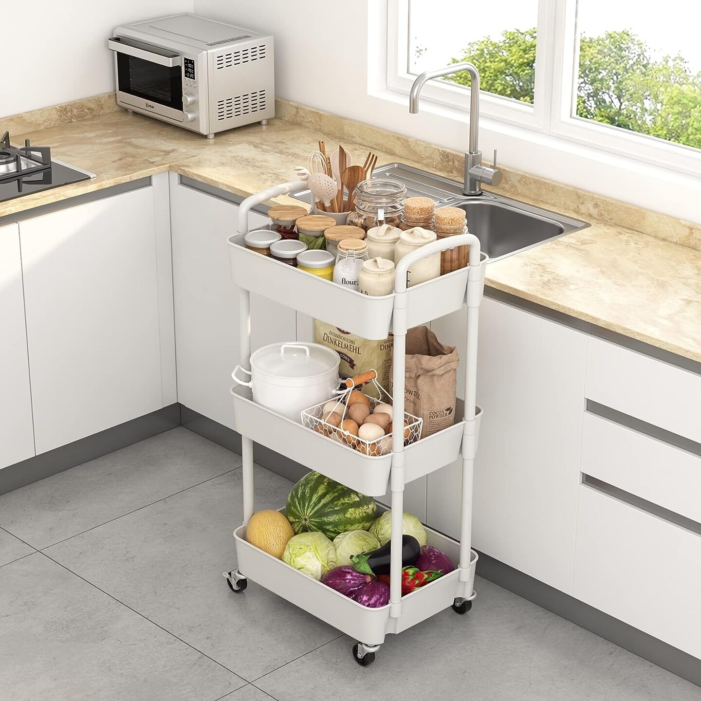 3-Tier Plastic Rolling Utility Cart with Handle, Multi-Functional Storage Trolley for Office, Living Room, Kitchen, Movable Storage Organizer with Wheels, White