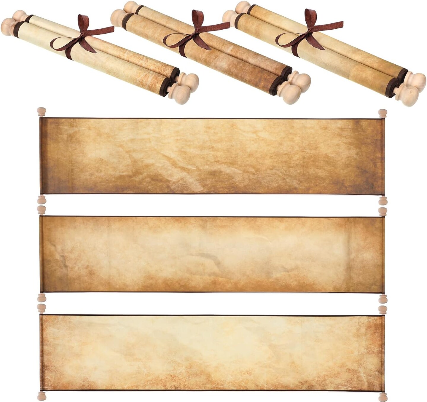 3 Pack Blank Paper Scrolls 7.5 x 31 Inches Scroll Paper Wrapped on Wood Rod for Writing, Drawing, Calligraphy, Wedding Vows, Invitation, Renaissance Festivals