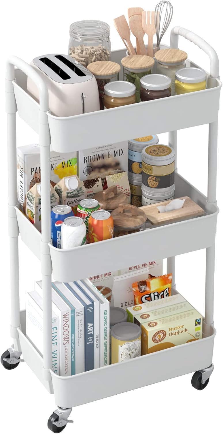 3-Tier Plastic Rolling Utility Cart with Handle, Multi-Functional Storage Trolley for Office, Living Room, Kitchen, Movable Storage Organizer with Wheels, White