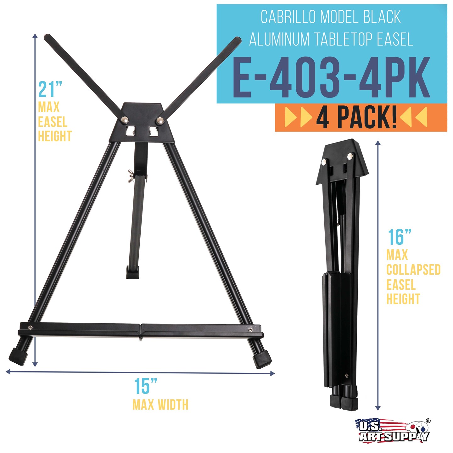 15&#x22; to 21&#x22; High Adjustable Black Aluminum Tabletop Display Easel, 4 Pack - Portable Artist Tripod Stand with Extension Arm Wings, Folding Frame
