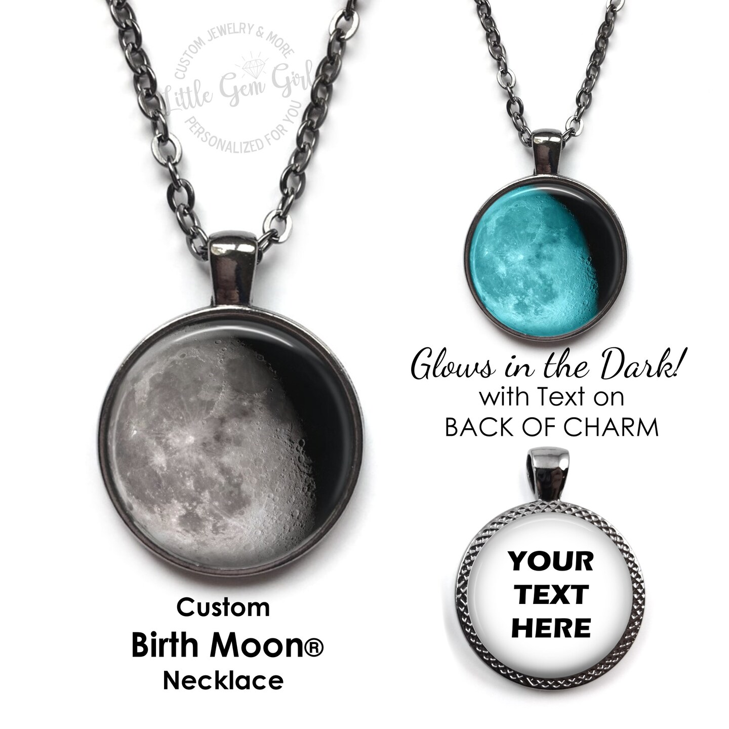 Glow in the Dark Custom Birth Moon Necklace or Key Chain, 3 Pendant ...