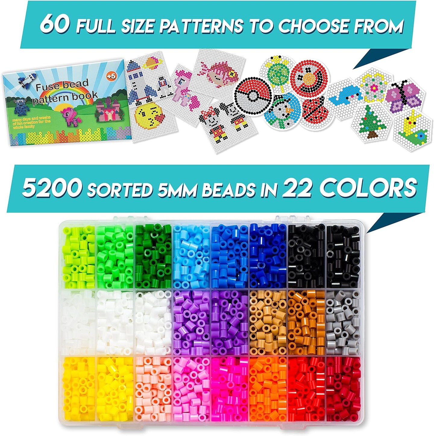 5200 5mm Fuse Beads kit for Kids 80 Patterns 3 Pegboards Tweezers Beads Kit Compatible Hama Beads Melty Beads Melting Beads Iron Beads Craft Beads Bulk Beados kit Storage