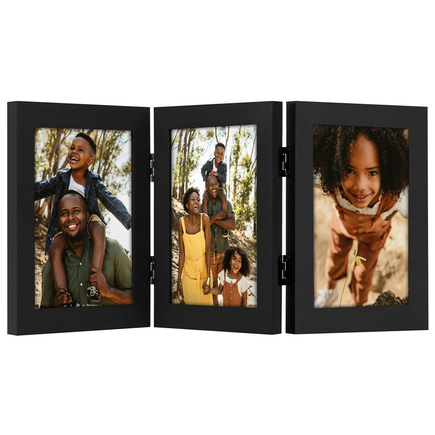 Americanflat 4x6 Tri-Folding Picture Frame - Displays Three Photos at Once - Triple Hinged Frames - Shatter Resistant Glass - Desk Display Picture Frame - Black