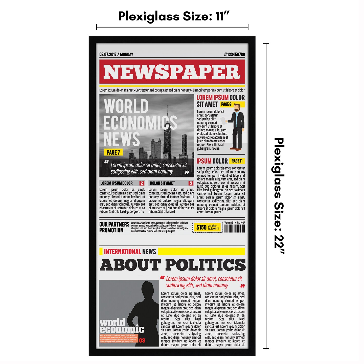 Americanflat 11x22 Newspaper Frame - Display Frame for Showcasing Newspaper Front Page - Polished Plexiglass Cover - Hanging Hardware for Horizontal or Vertical Display