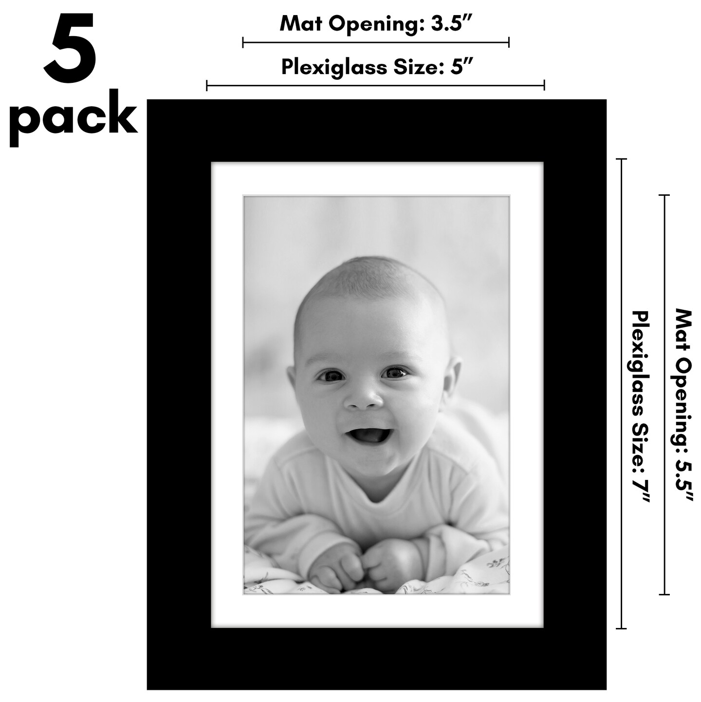 Americanflat 5x7 Picture Frame - Set of 5 - 4x6 with Mat or 5x7 without Mat - Ideal for Wall Decor Display - Polished Plexiglass - Hanging Hardware - Includes Easel - Black