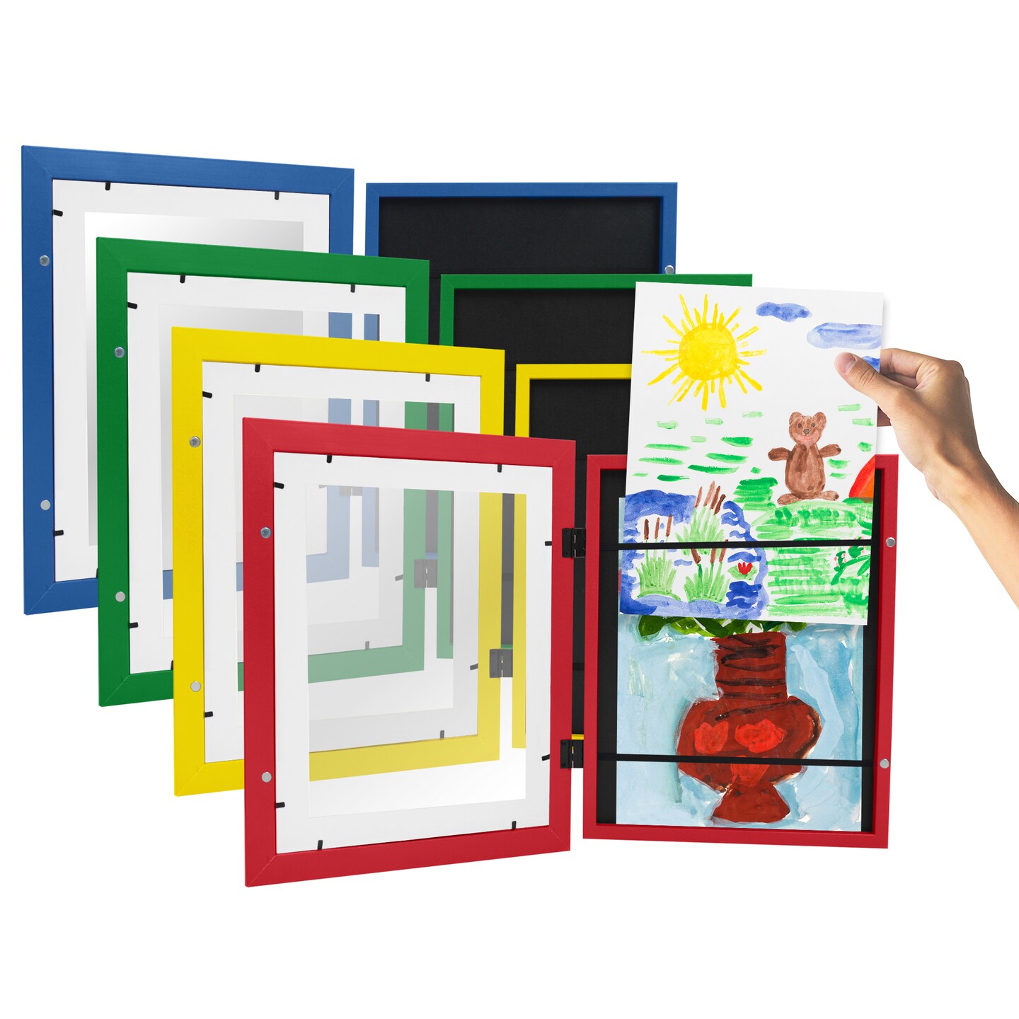 Americanflat 10x12.5 Kids Art Frame - Set of 4 - 8.5x11 with Mat or 10x12.5 without Mat - Kids Artwork Frame - Magnetic Frame Closure - Shatter Resistant Glass - Hanging Hardware
