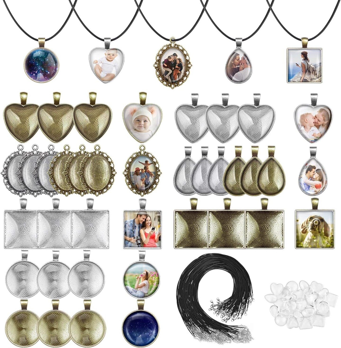 Pendant Trays with Glass Cabochons for Jewelry Making, 90pcs Pendants Trays Set Including 30pcs Bezel Pendant Trays Blanks, 30pcs Glass Cabochons and 30pcs Necklaces Cords for Necklace Making