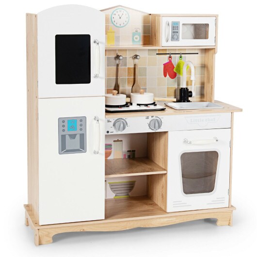 White Natural Kids Kitchen Playset with Stove Oven Sink and Cooking Accessories
