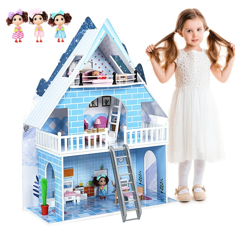 Wooden Dollhouse 3-Story Pretend Playset with Furniture and Doll Gift