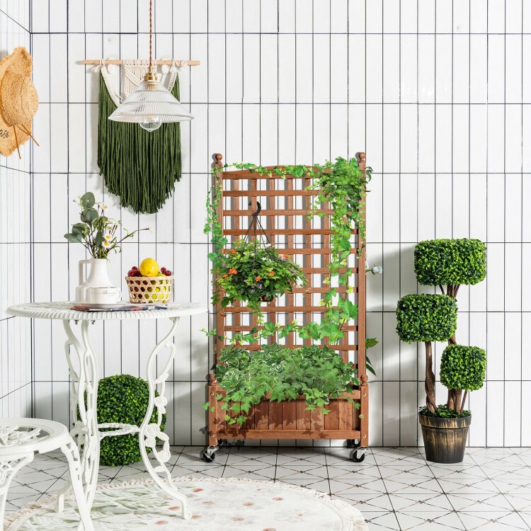 Natural Fir Wood Planter with Climbing Trellis and Wheels 25 Inch Mobile Garden Bed