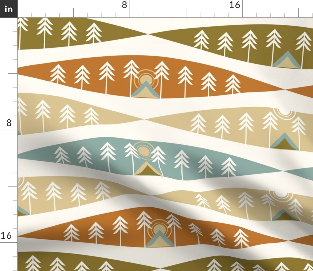 Camping Earth Tones Adventure Exploration Great Outdoors Tents Trees Nature Sunrise Sunset Red Beige Cozy Hygge Custom Printed Fabric by Spoonflower Various Fabrics by the Yard or Fat Quarter