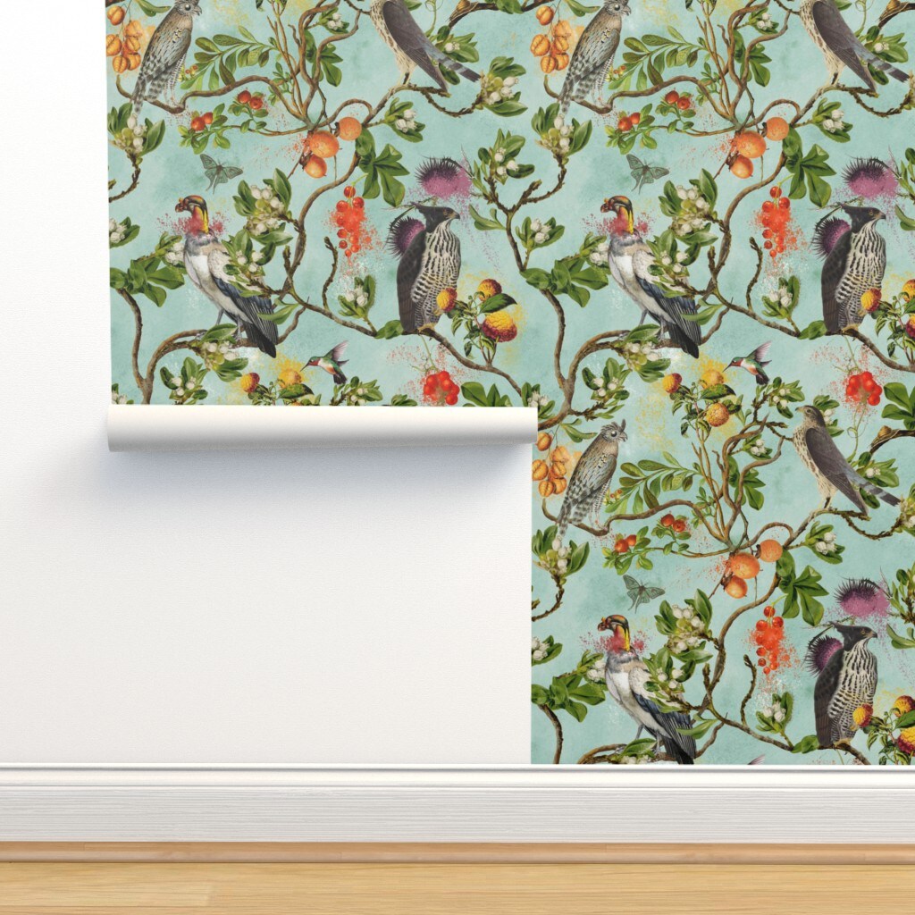 Vintage Birds Falcon Hawk Watercolor Chinoiserie Antiqued Of Prey Blue Green Botanical Custom Removable Wallpaper by Spoonflower Peel & Stick Wallpaper 2FT Wide