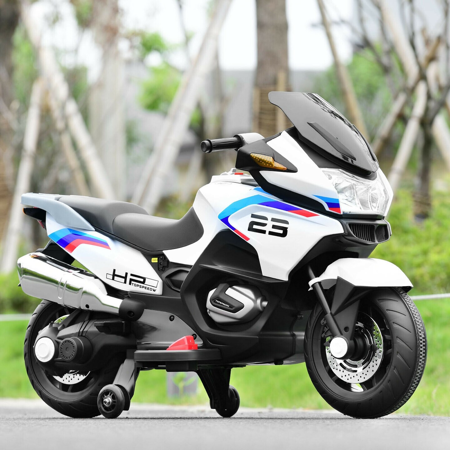 Iron Kids Ride-On Motorcycle with LED, Music and Training Wheels