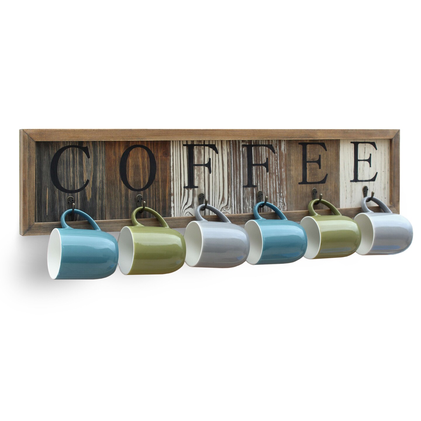 HBCY Creations Rustic Coffee Mug Rack Wall Mounted, Printed Coffee Sign - 6 Coffee Cup Hooks - Wooden Coffee Mug Organizer - Distressed Coffee Rack Sign (31.5&#x22;)