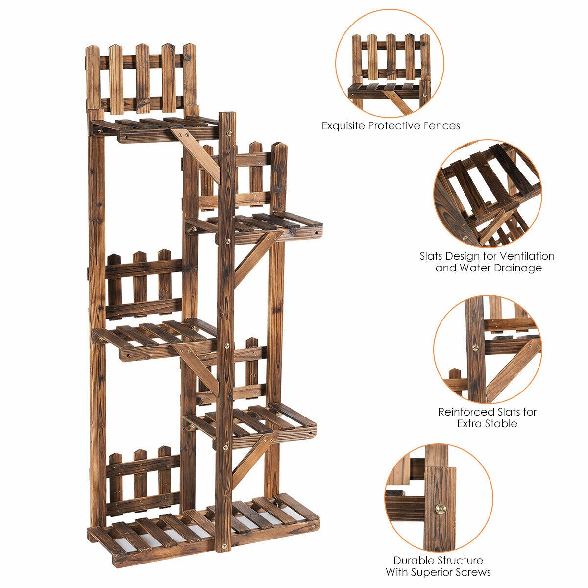 5-Tier Flower Rack Wood Plant Stand with 6 Pots Display Shelf