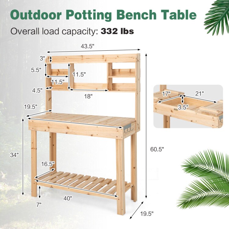 Wooden Garden Potting Table with Display Shelf and Built-In Sink