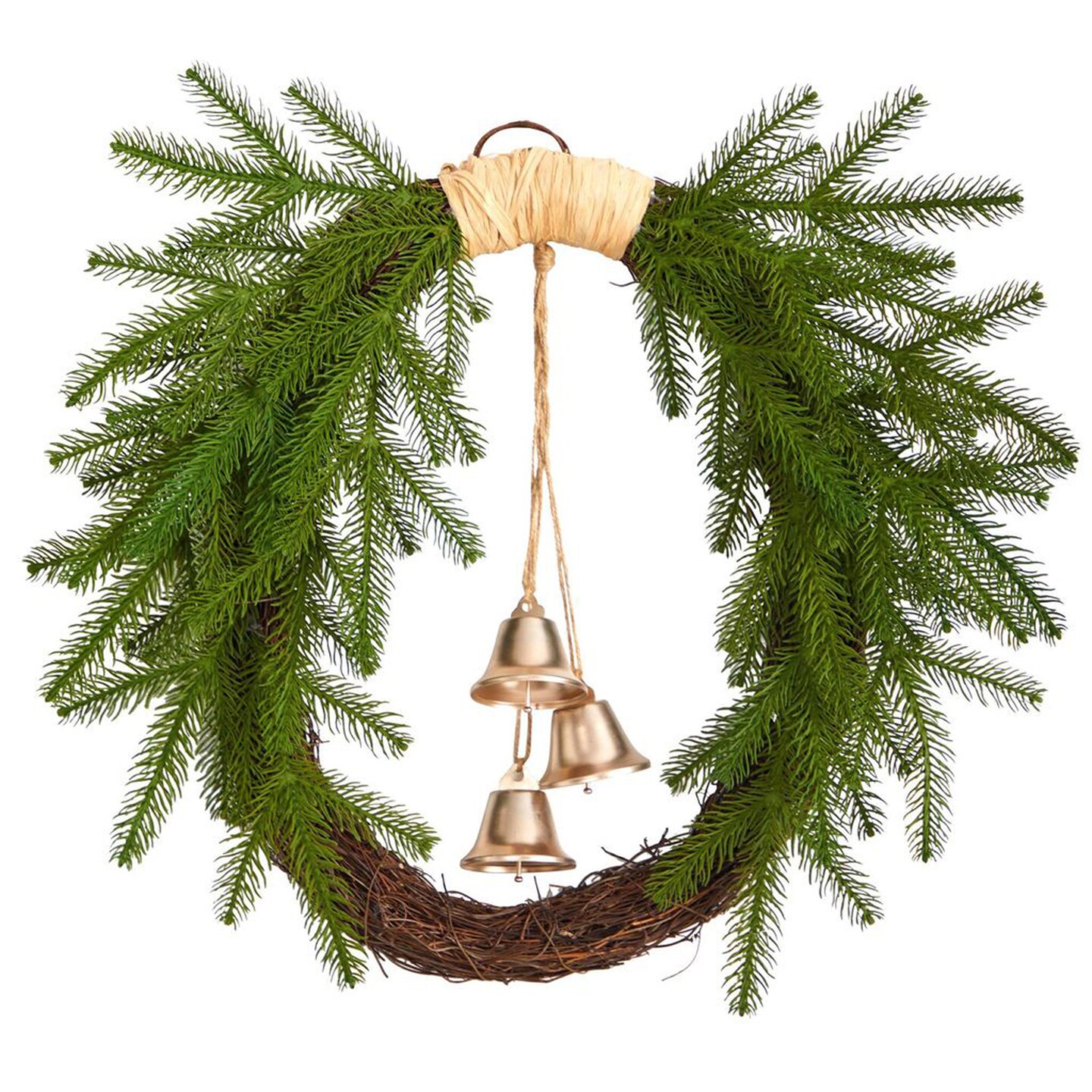Nearly Natural 24"D Holiday Christmas Decorative Pine and Hanging Bells Wreath