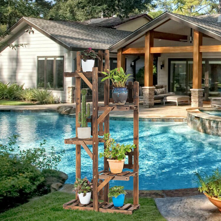 5-Tier Flower Rack Wood Plant Stand with 6 Pots Display Shelf